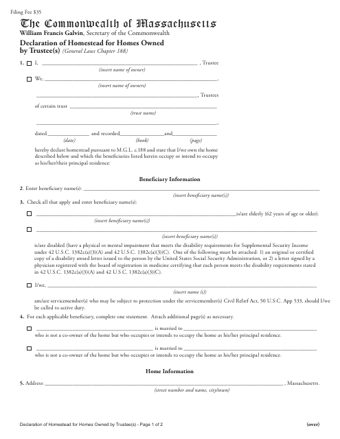 Declaration of Homestead for Homes Owned by Trustee(S) - Massachusetts Download Pdf