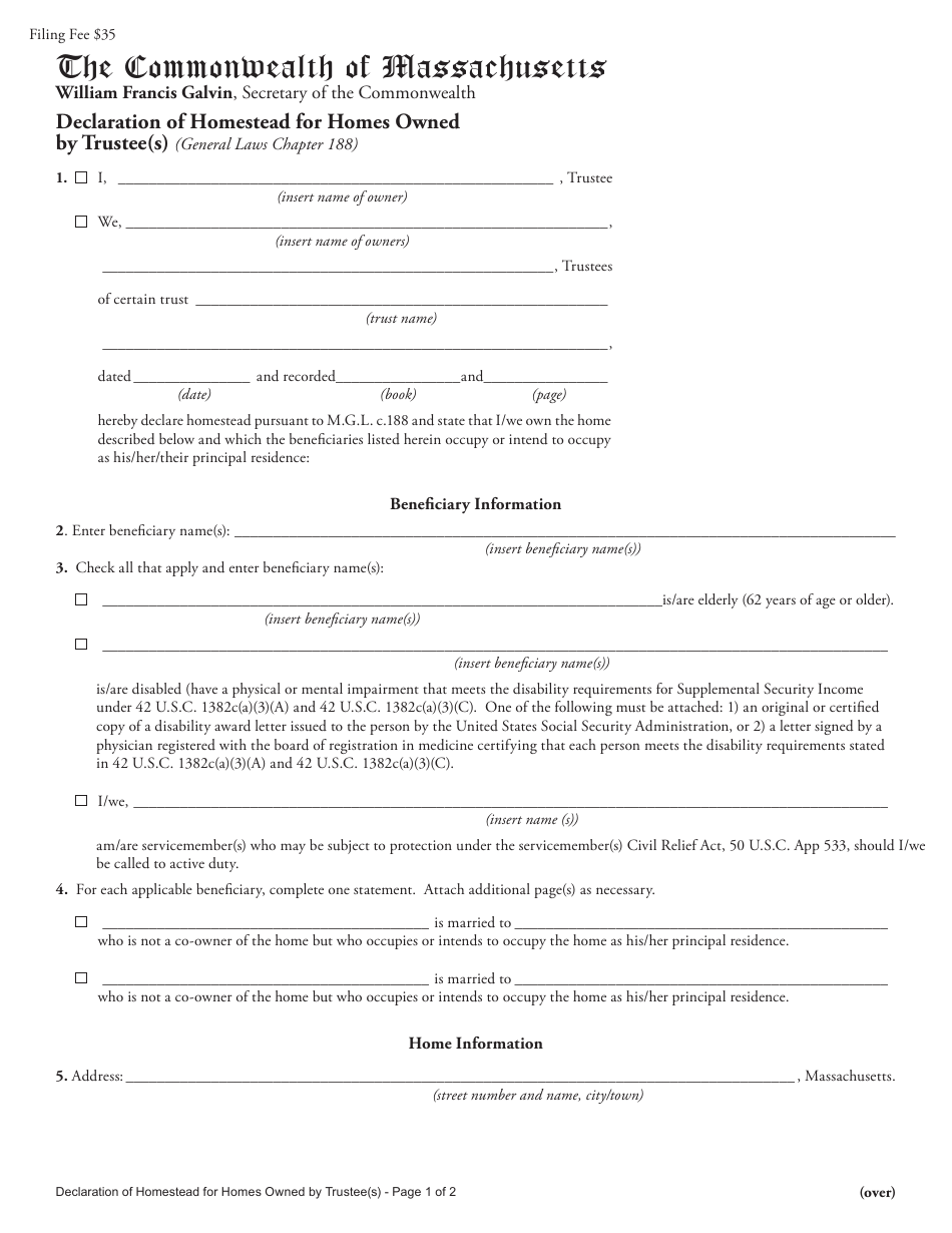 Massachusetts Declaration of Homestead for Homes Owned by Trustee(S