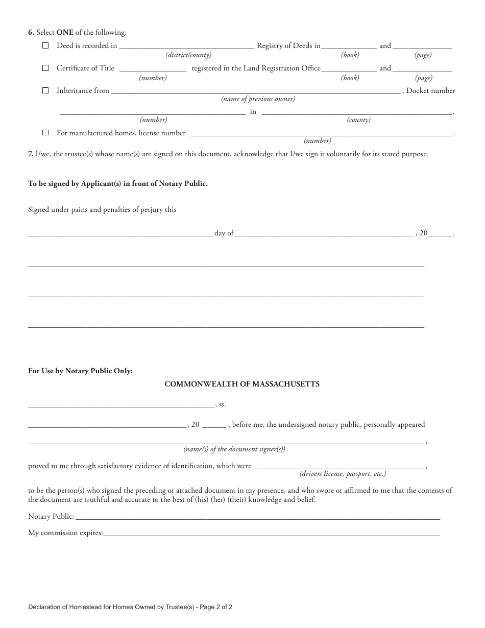 Declaration of Homestead for Homes Owned by Trustee(S) - Massachusetts, Page 2
