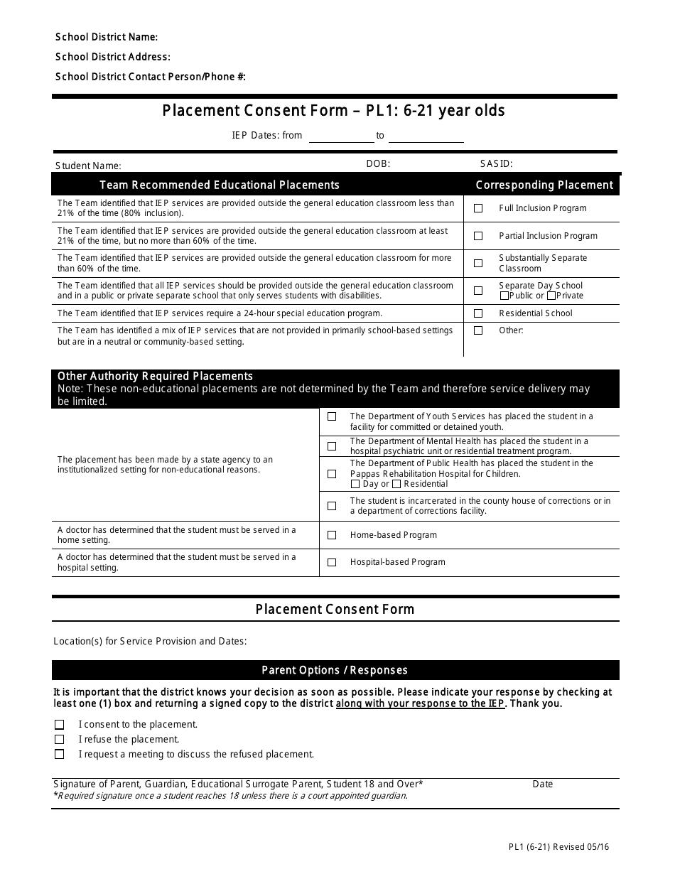 Form PL1 Placement Consent Form - 6-21 Year Olds - Massachusetts, Page 1