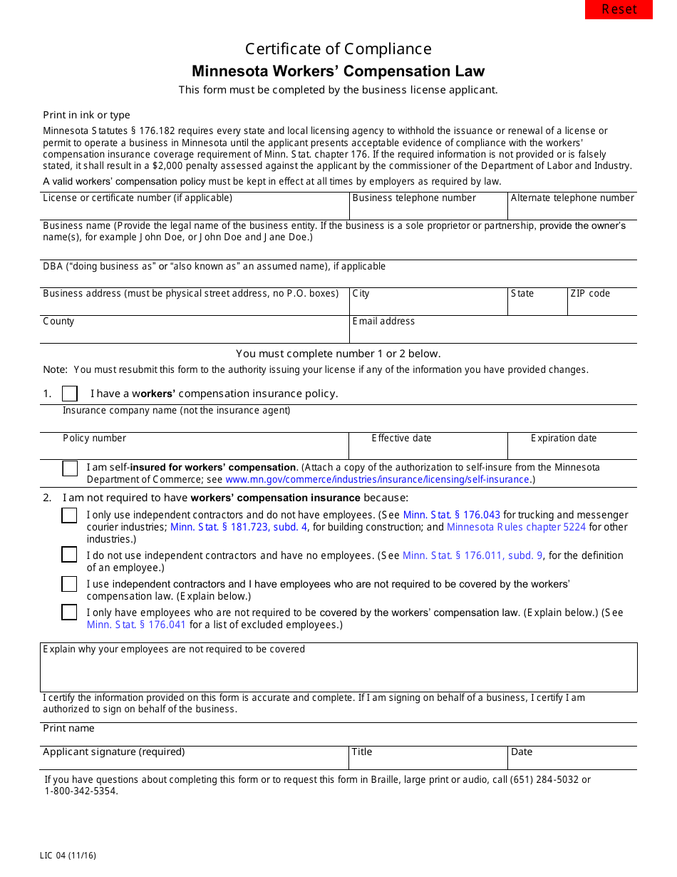 Form LIC04 Certificate of Compliance - Minnesota Workers Compensation Law - Minnesota, Page 1