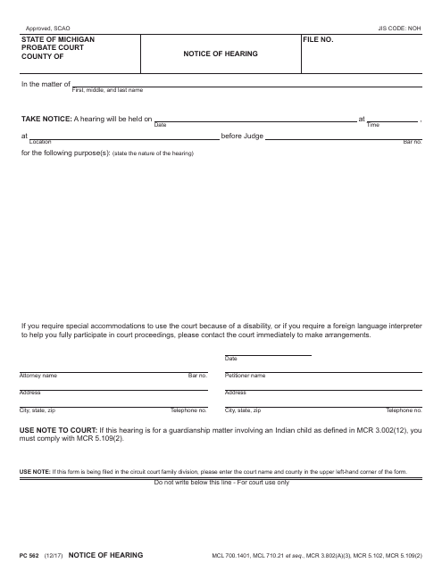 Form PC562 Notice of Hearing - Michigan