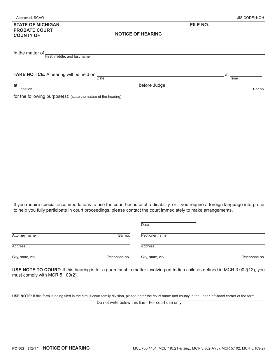 Form PC562 Notice of Hearing - Michigan, Page 1