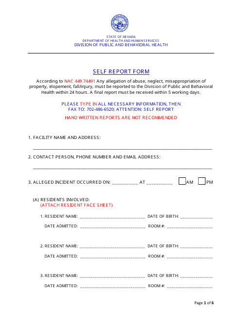 Self Report Form - Nevada Download Pdf