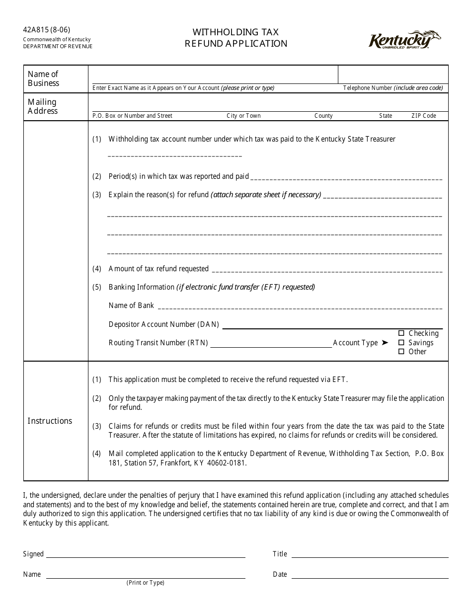 Form 42A815 Withholding Tax Refund Application - Kentucky, Page 1