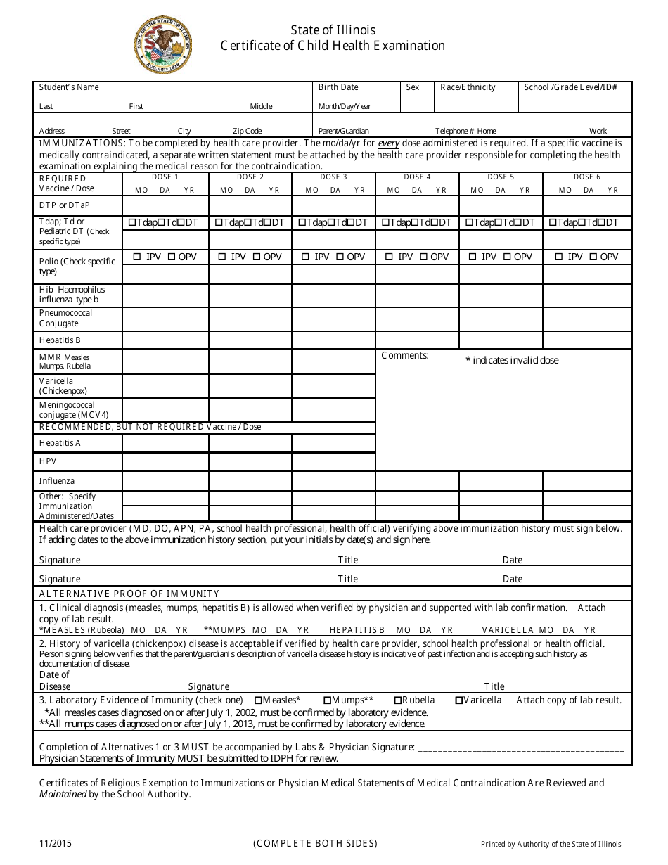 Certificate of Child Health Examination - Illinois, Page 1