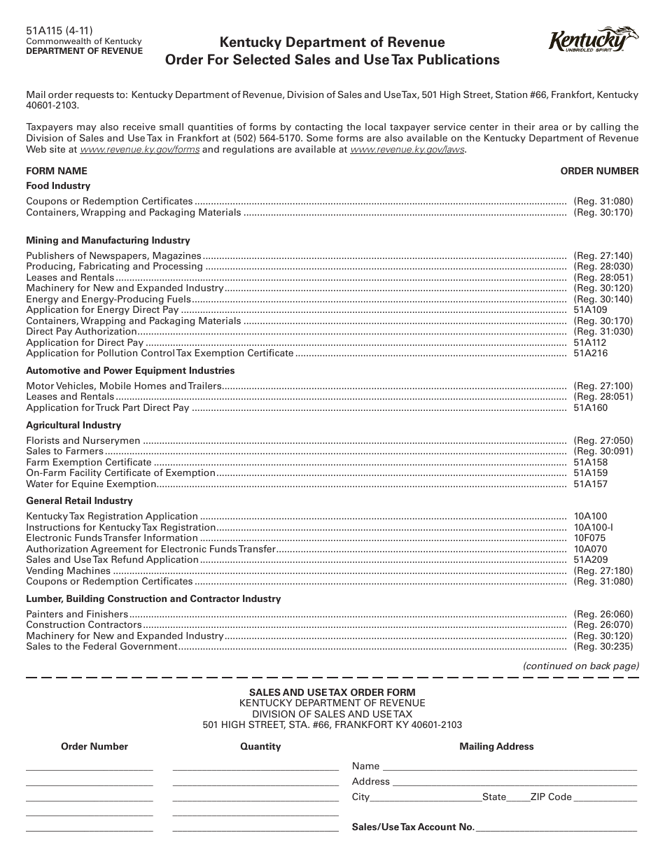 Form 51A115 Order for Selected Sales and Use Tax Publications - Kentucky, Page 1