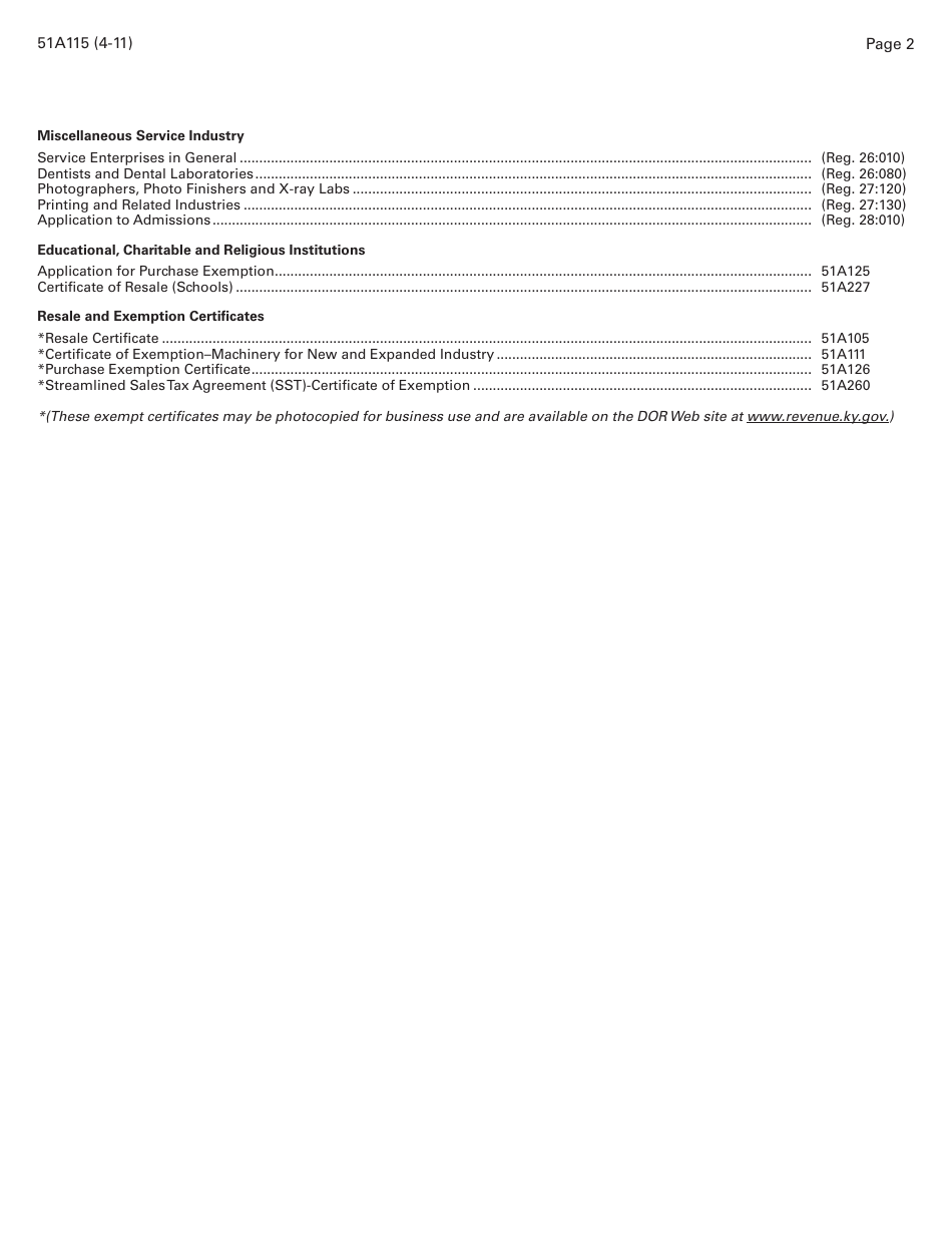 Form 51A115 Order for Selected Sales and Use Tax Publications - Kentucky, Page 2
