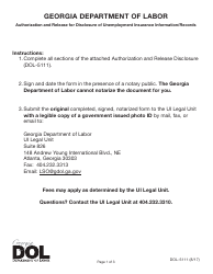 Form DOL-5111 Authorization and Release for Disclosure of Unemployment Insurance Information/Records - Georgia (United States)