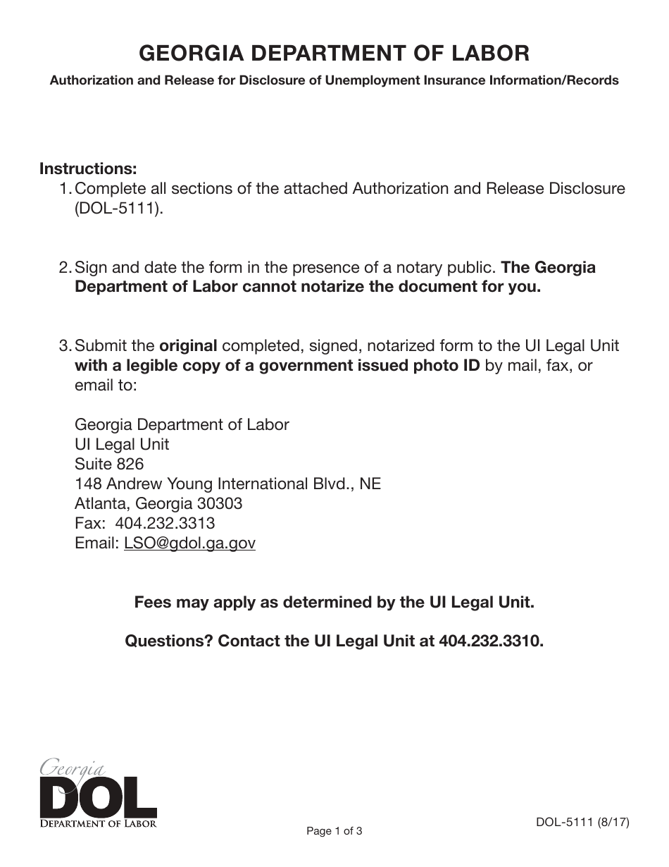 Form DOL-5111 Authorization and Release for Disclosure of Unemployment Insurance Information / Records - Georgia (United States), Page 1