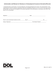 Form DOL-5111 Authorization and Release for Disclosure of Unemployment Insurance Information/Records - Georgia (United States), Page 3