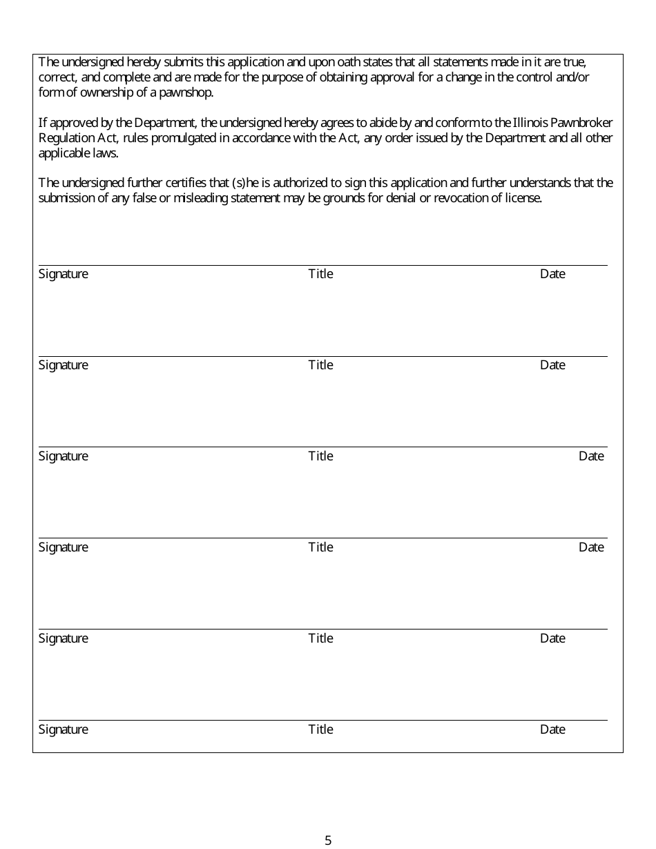 Form IL505-0418 Application for a Change in Control or a Change in the Form of Ownership of an Illinois Pawnshop - Illinois, Page 9