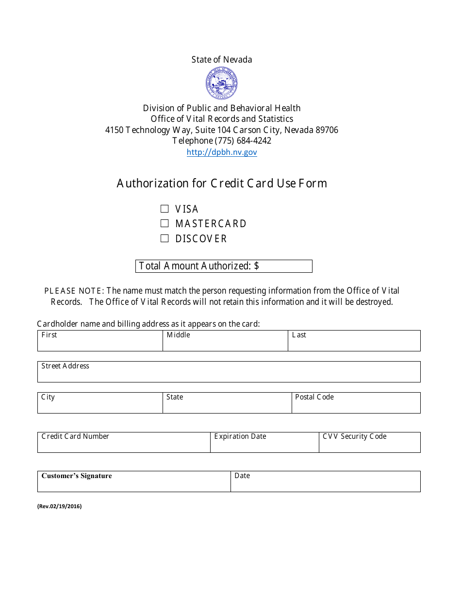 Authorization for Credit Card Use Form - Nevada, Page 1