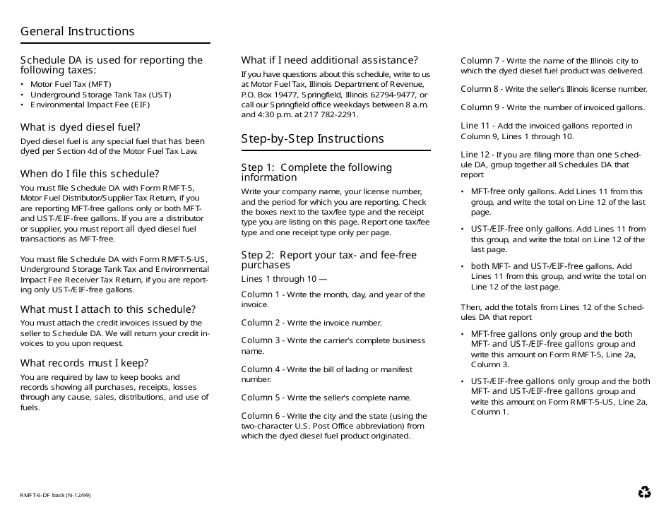 Form RMFT-6-DF Schedule DA Mft, Ust, and Eif Dyed Diesel Fuel Produced, Acquired, Received, or Transported Into Illinois - Illinois, Page 2