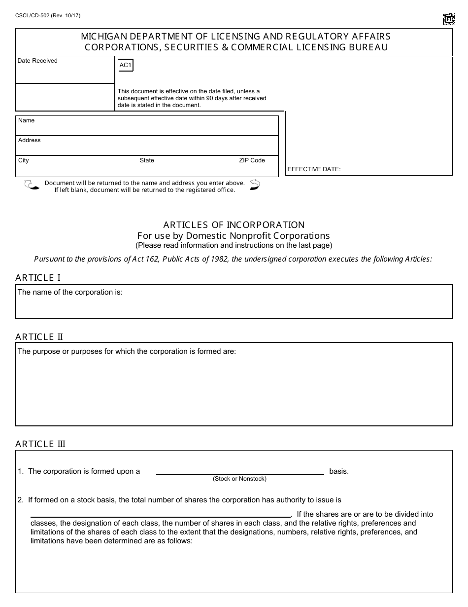 Form CSCL / CD-502 Articles of Incorporation for Use by Domestic Nonprofit Corporations - Michigan, Page 1