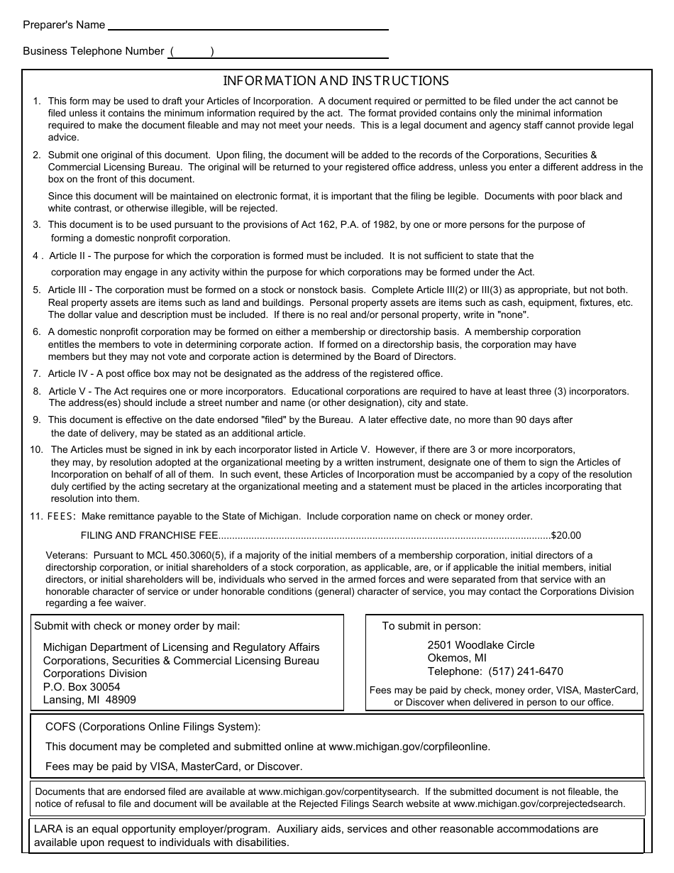 Form CSCL / CD-502 Articles of Incorporation for Use by Domestic Nonprofit Corporations - Michigan, Page 4
