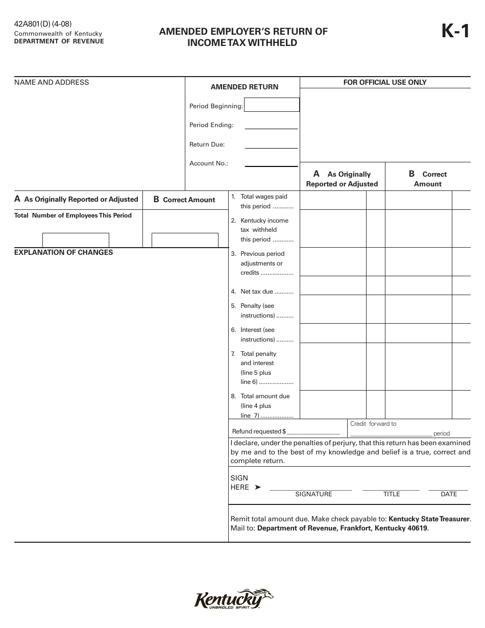 Form 42A801(D) (K-1) Amended Employer's Return of Income Tax Withheld - Kentucky, Page 1