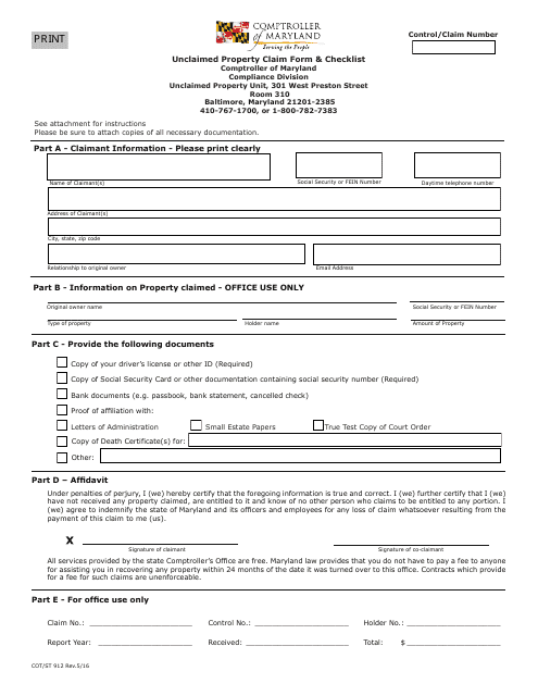 Form COT/ST912 Unclaimed Property Claim Form &amp; Checklist - Maryland