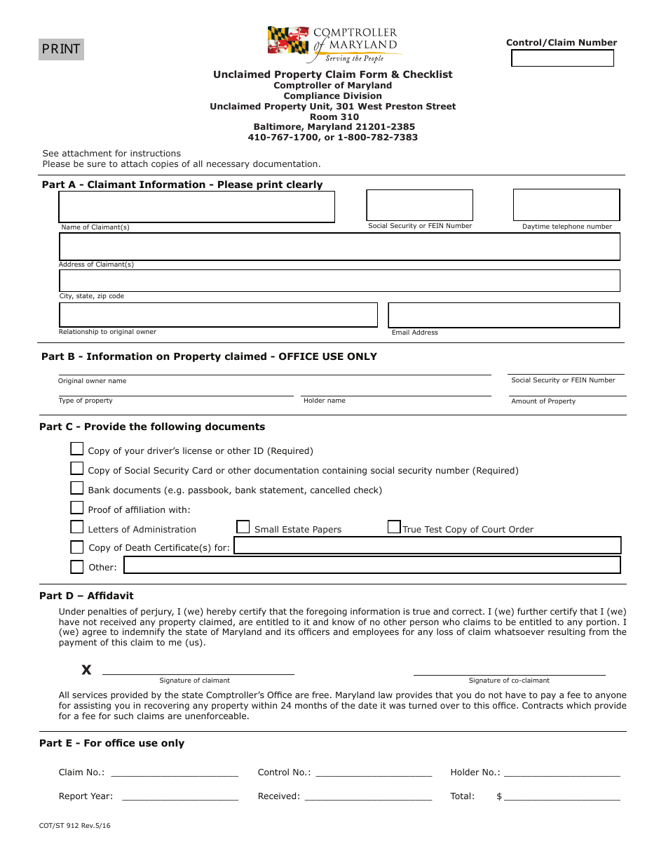 Form COT / ST912 Unclaimed Property Claim Form  Checklist - Maryland, Page 1