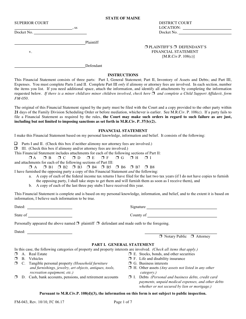 Form FM-043 Financial Statement - Maine, Page 1