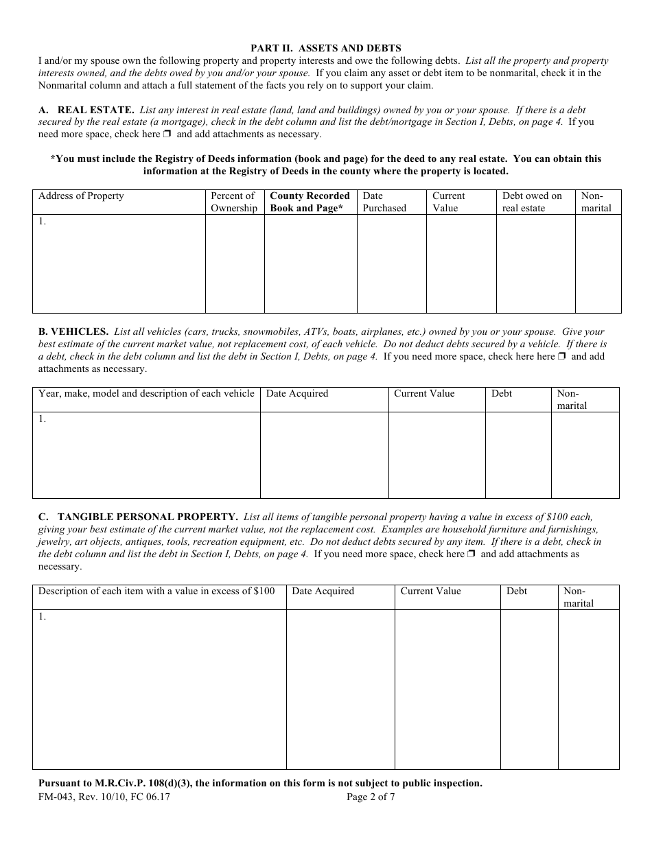 Form FM-043 Financial Statement - Maine, Page 2