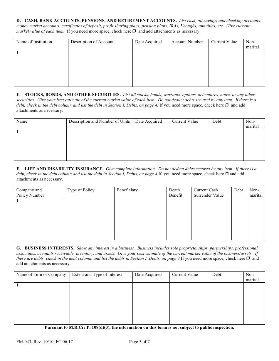 Form FM-043 Financial Statement - Maine, Page 3