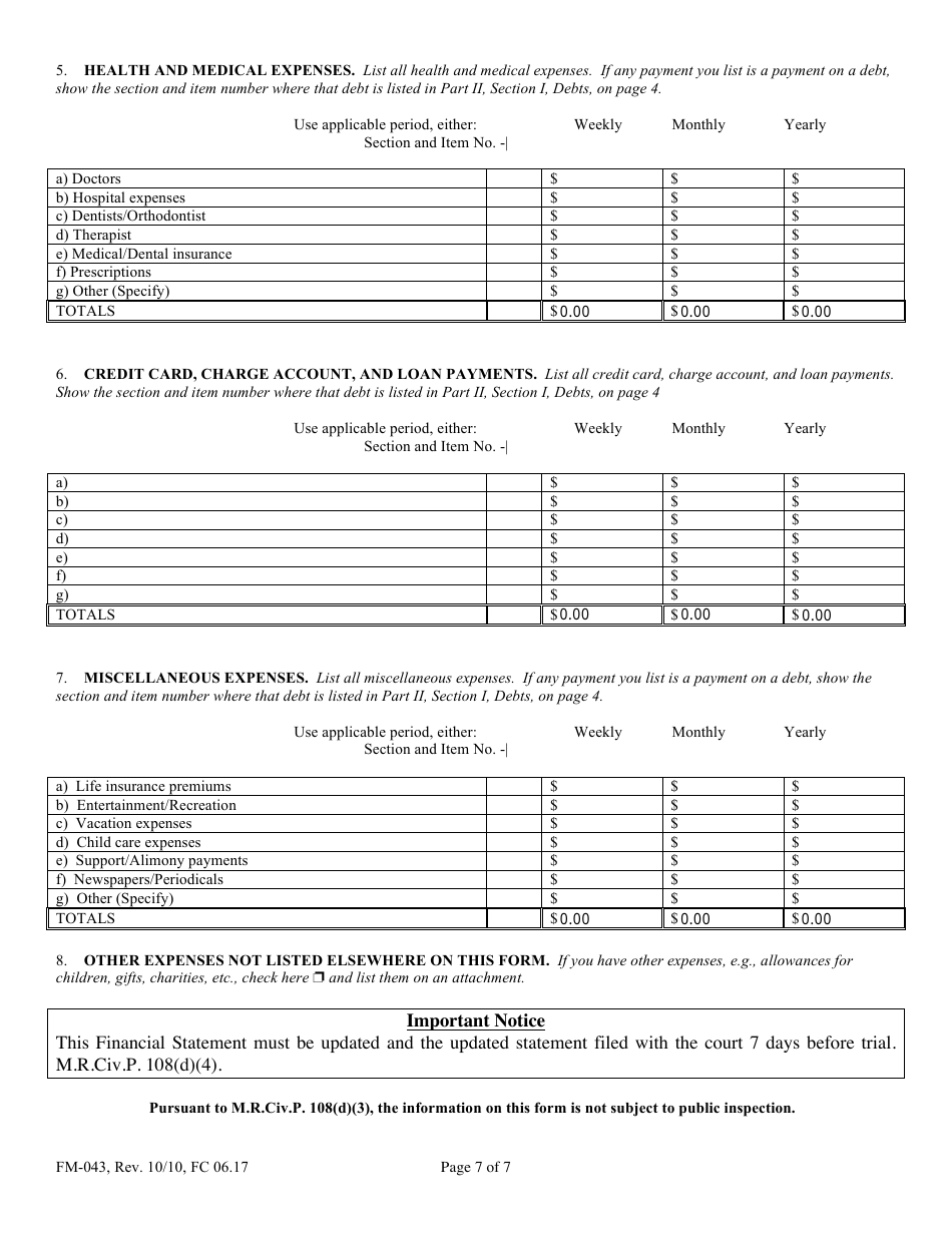 Form FM-043 Financial Statement - Maine, Page 7