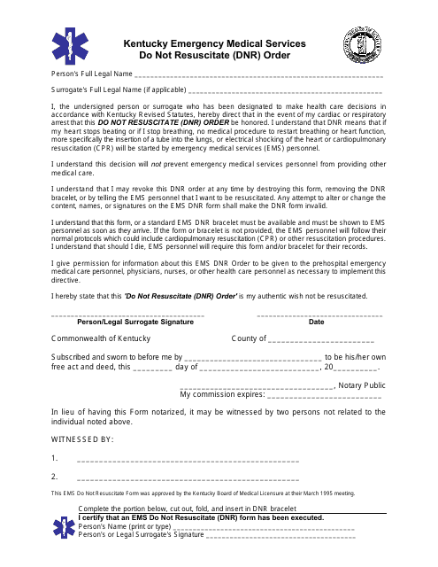 Kentucky Do Not Resuscitate DNR Order Form Kentucky Emergency 