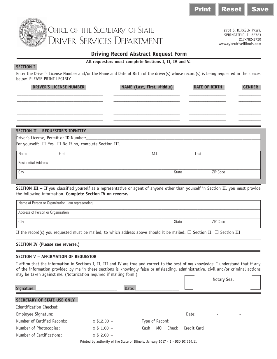 Form DSD DC164.11 Driving Record Abstract Request Form - Illinois, Page 1