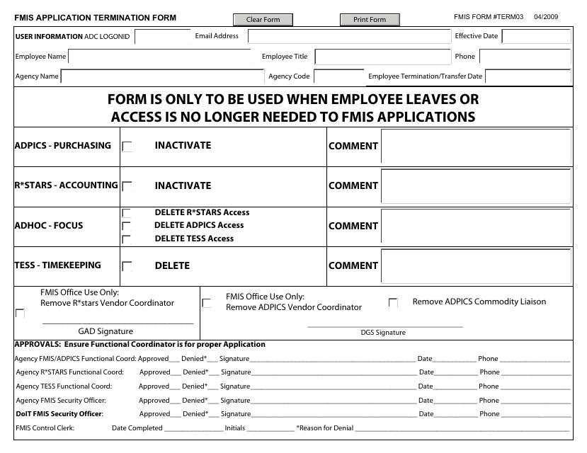 FMIS Form TERM03 FMIS Application Termination Form - Maryland