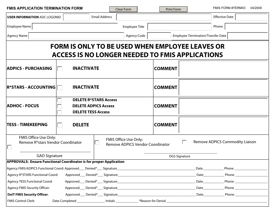 FMIS Form TERM03 FMIS Application Termination Form - Maryland, Page 1