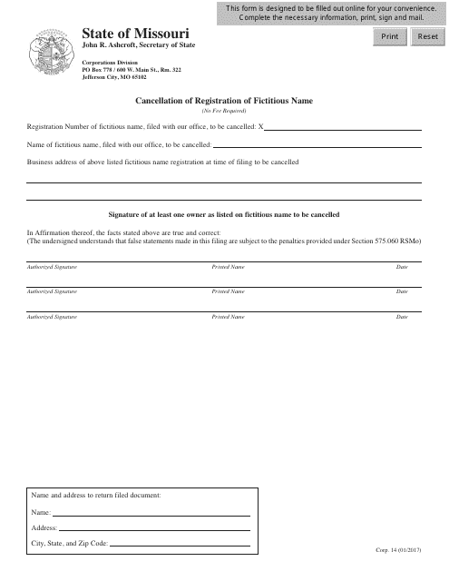 Form CORP.14 Cancellation of Registration of Fictitious Name - Missouri