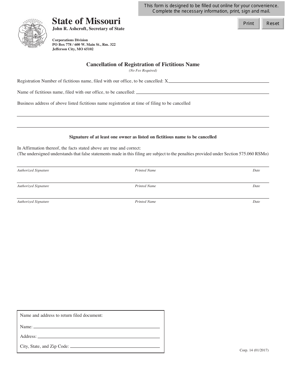 Form CORP.14 Cancellation of Registration of Fictitious Name - Missouri, Page 1