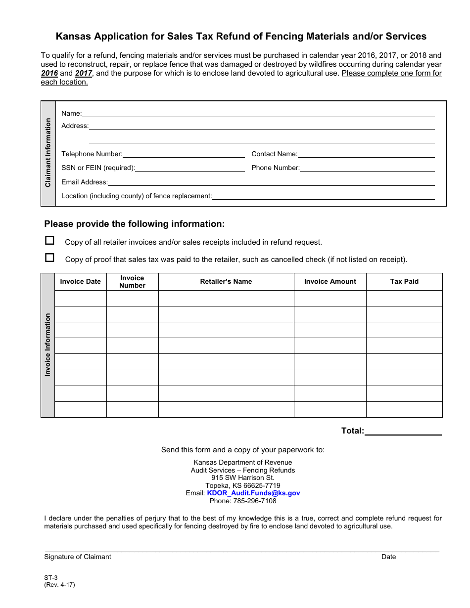 Form ST-3 Kansas Application for Sales Tax Refund of Fencing Materials and / or Services - Kansas, Page 1
