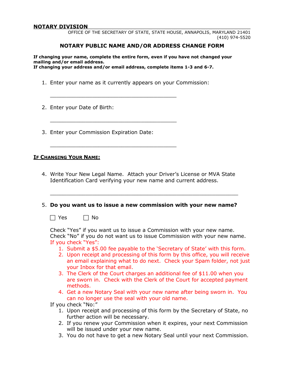 Notary Public Name and / or Address Change Form - Maryland, Page 1