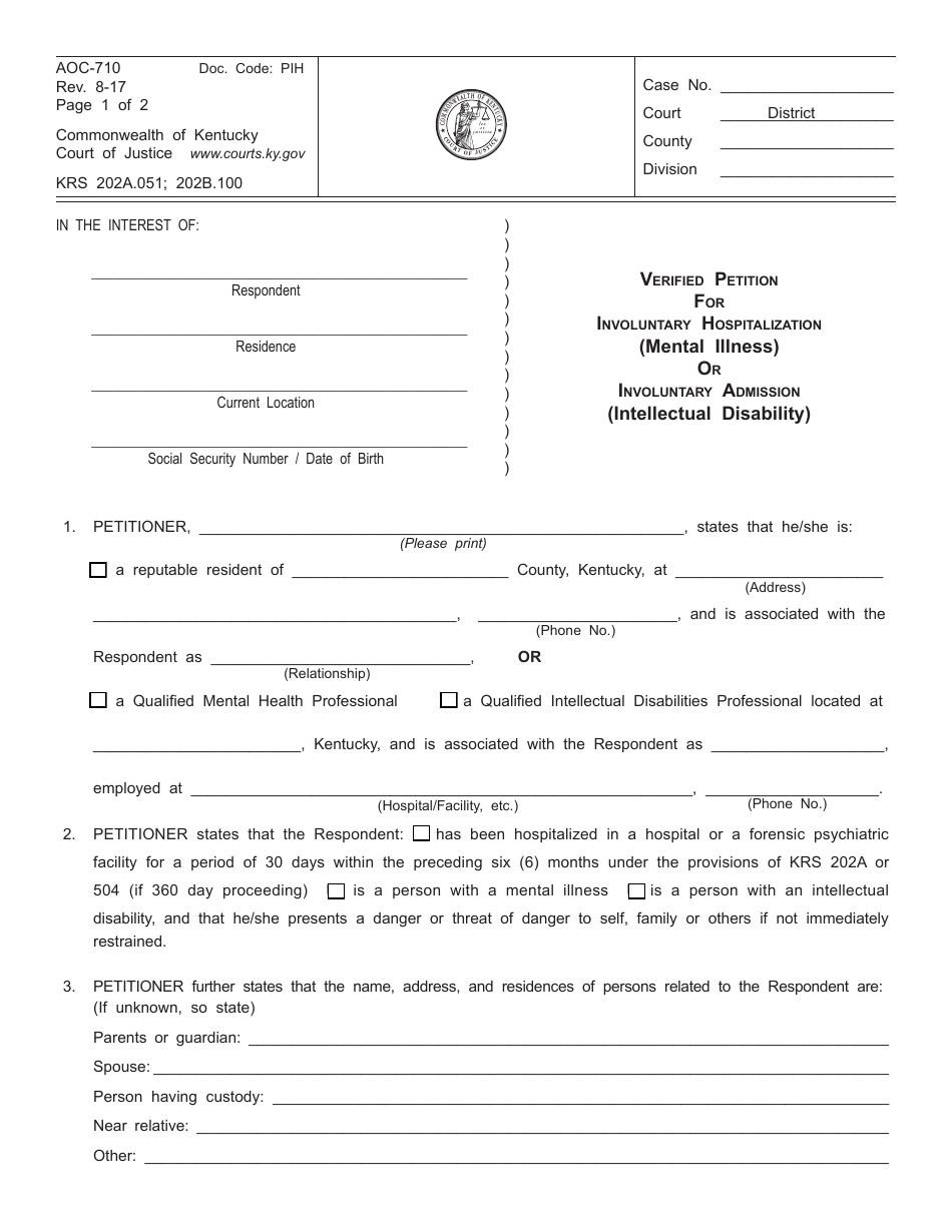 Form AOC-710 Verified Petition for Involuntary Hospitalization (Mental Illness) or Involuntary Admission (Intellectual Disability) - Kentucky, Page 1