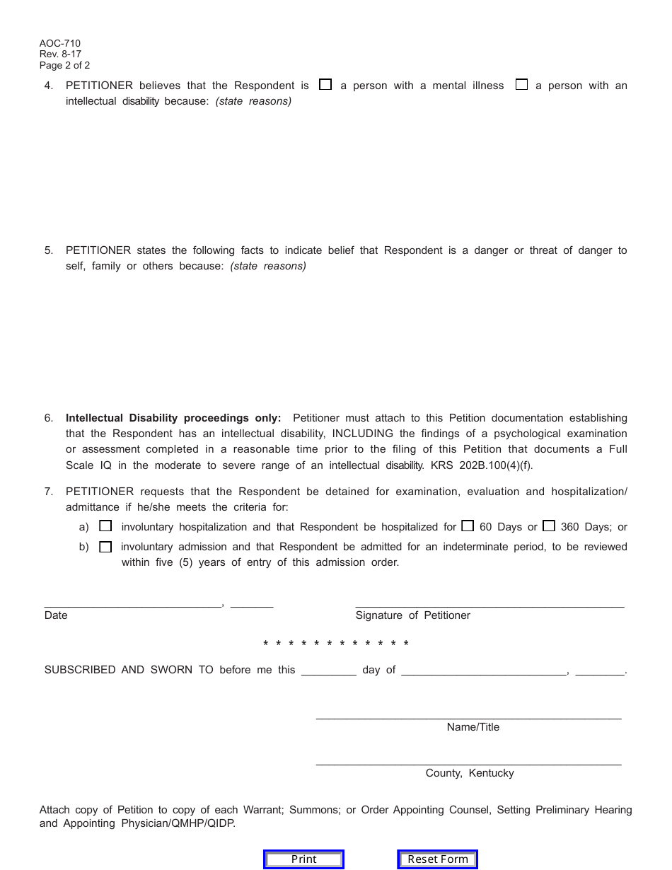 Form AOC-710 Verified Petition for Involuntary Hospitalization (Mental Illness) or Involuntary Admission (Intellectual Disability) - Kentucky, Page 2