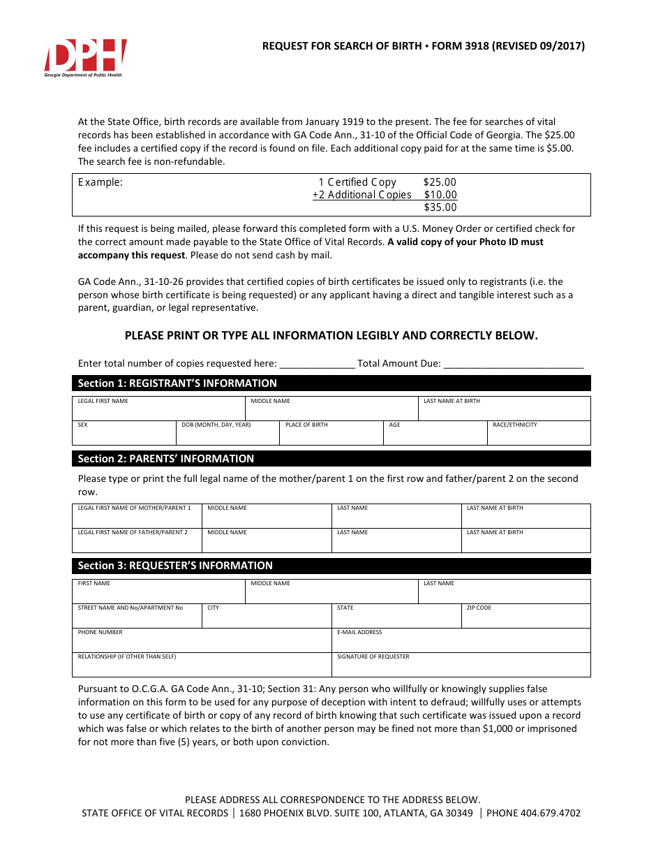 Form 3918 Request for Search of Birth - Georgia (United States), Page 1