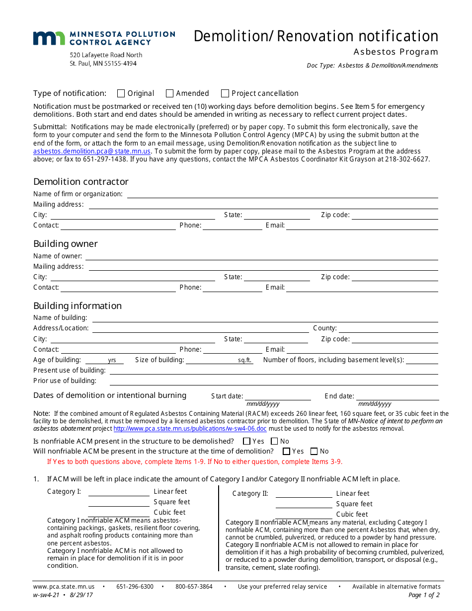 Form w-sw4-21 Demolition/Renovation Notification - Asbestos Program - Minnesota, Page 1