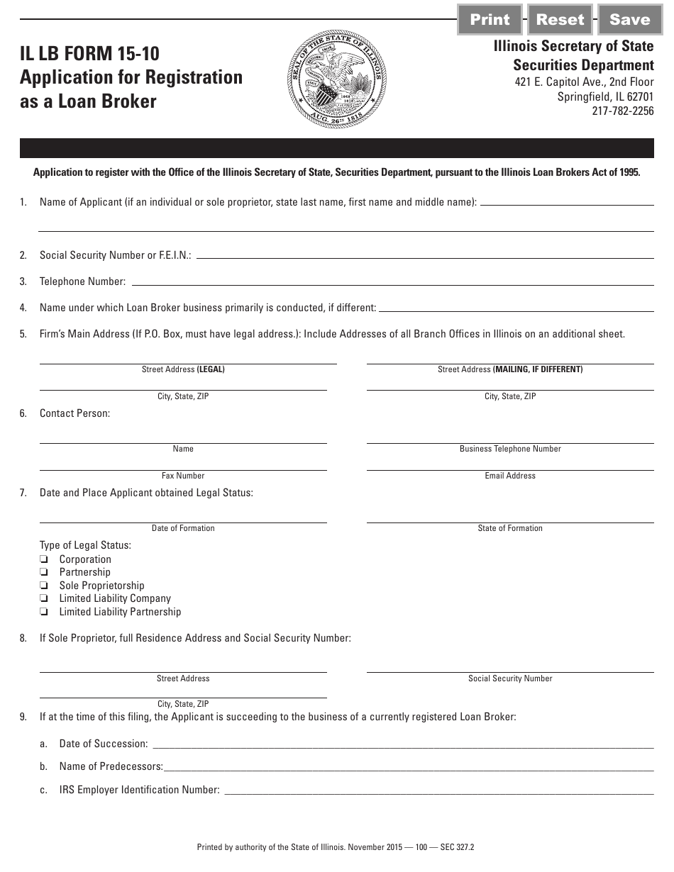 IL LB Form 15-10 Application for Registration as a Loan Broker - Illinois, Page 1