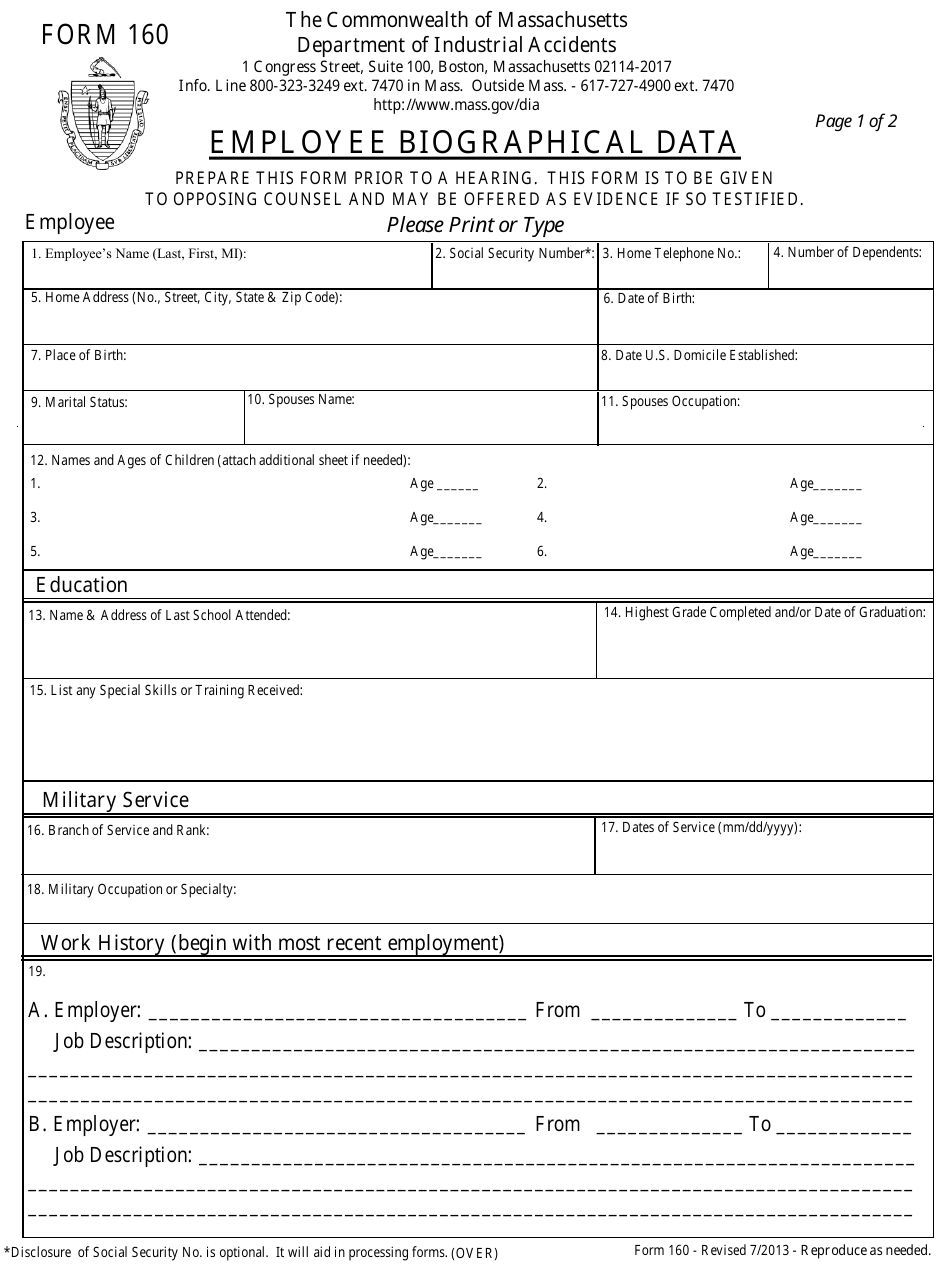 Form 160 Employee Biographical Data - Massachusetts, Page 1