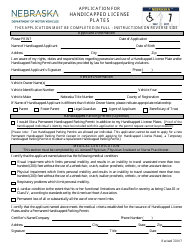 Document preview: Application for Handicapped License Plates - Nebraska