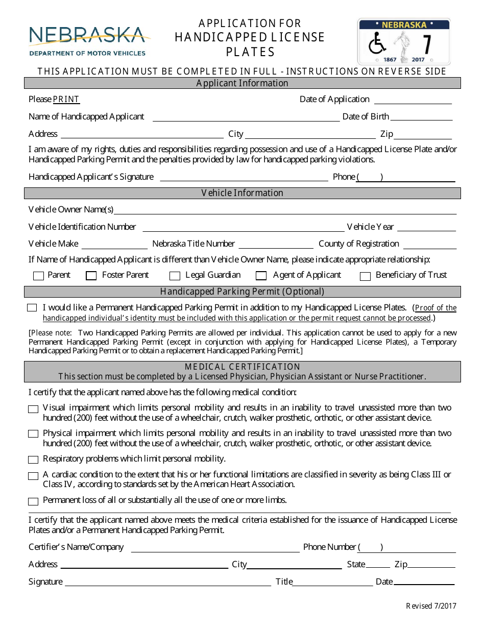 Application for Handicapped License Plates - Nebraska, Page 1