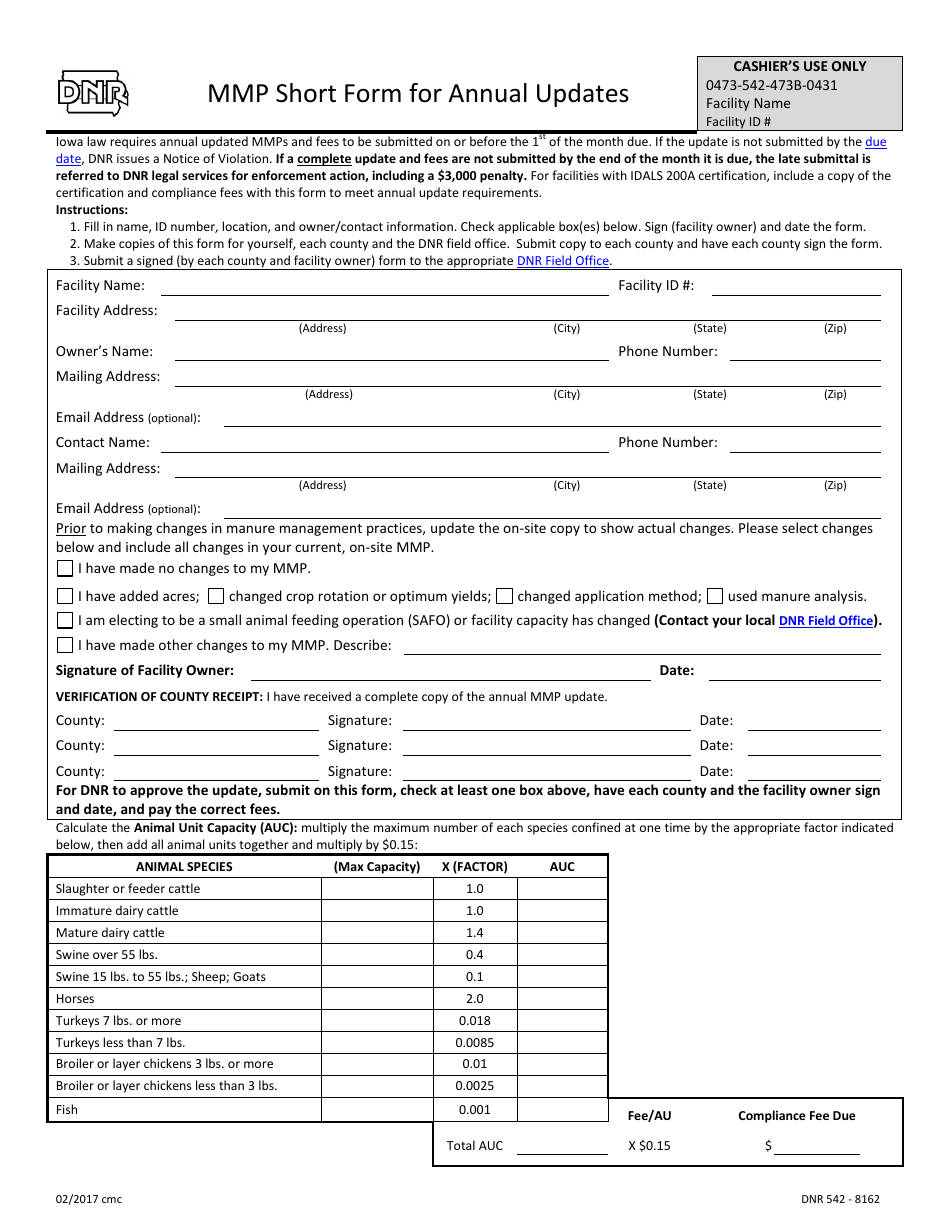 DNR Form 542-8162 Mmp Short Form for Annual Updates - Iowa, Page 1