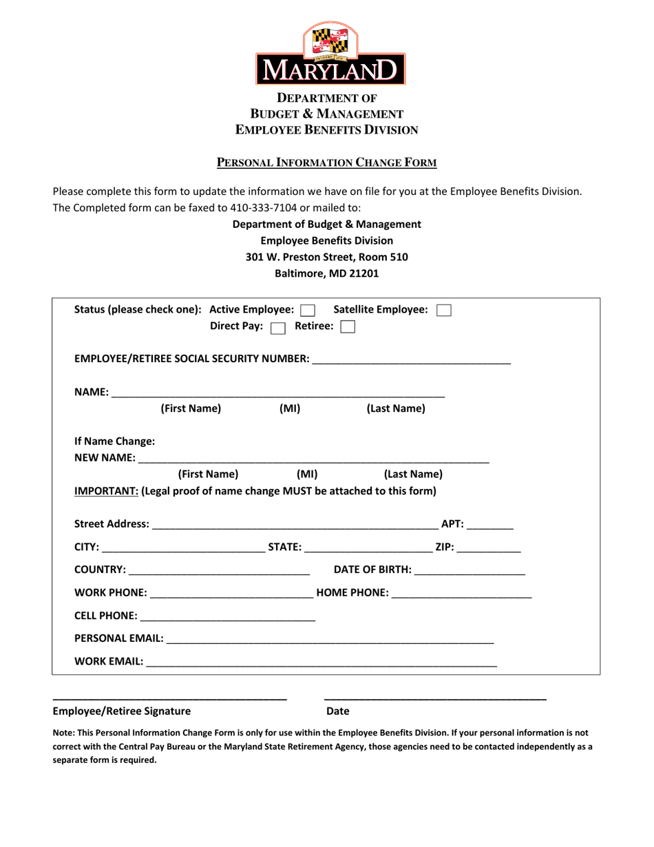 Maryland Personal Information Change Form Download Printable PDF