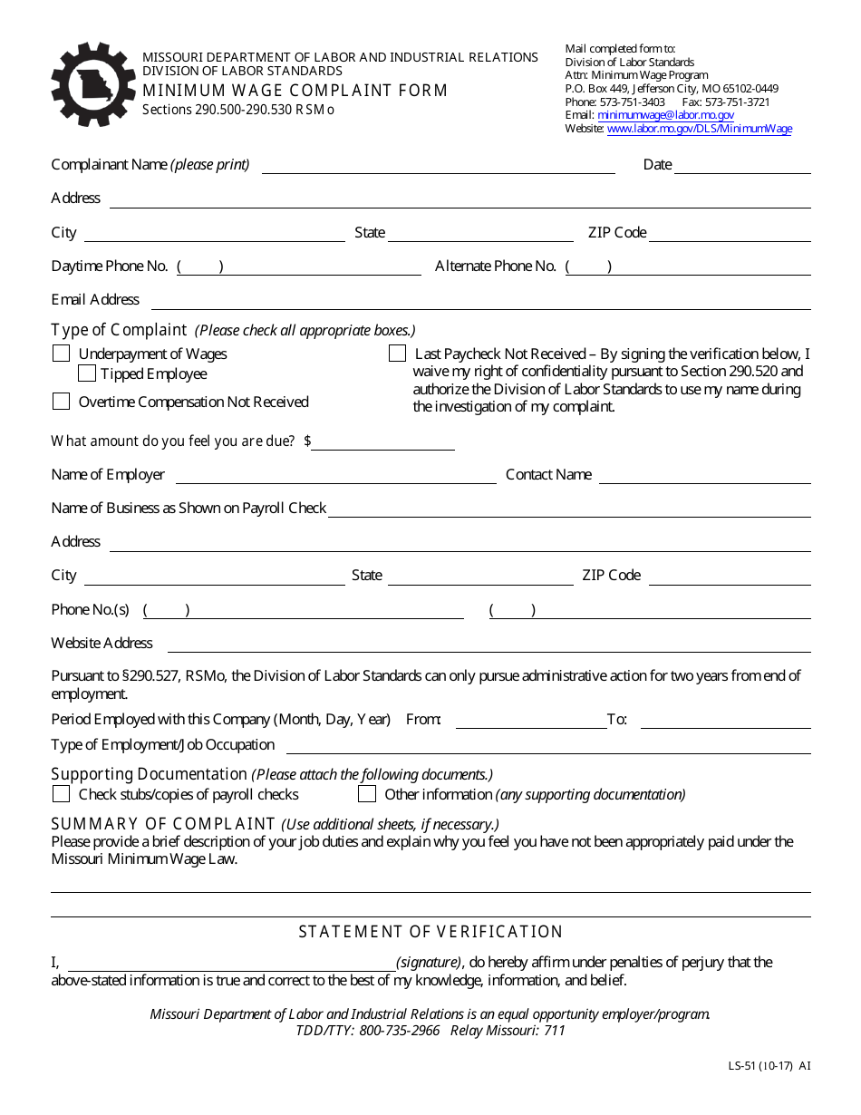 Form LS-51 Minimum Wage Complaint Form - Missouri, Page 1