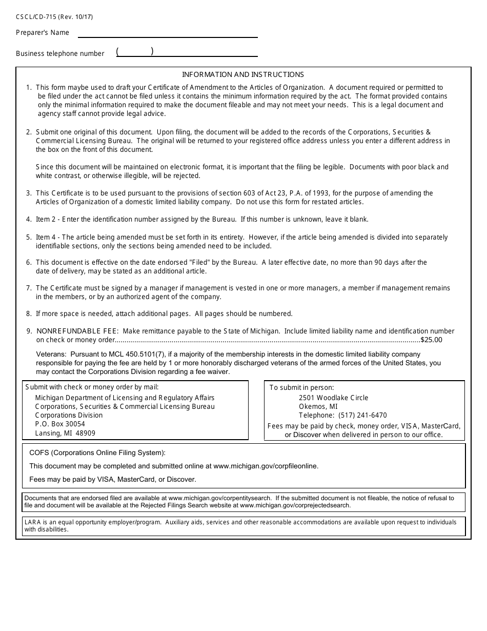 Form CSCL / CD-715 Certificate of Amendment to the Articles of Organization for Limited Liability Companies - Michigan, Page 2