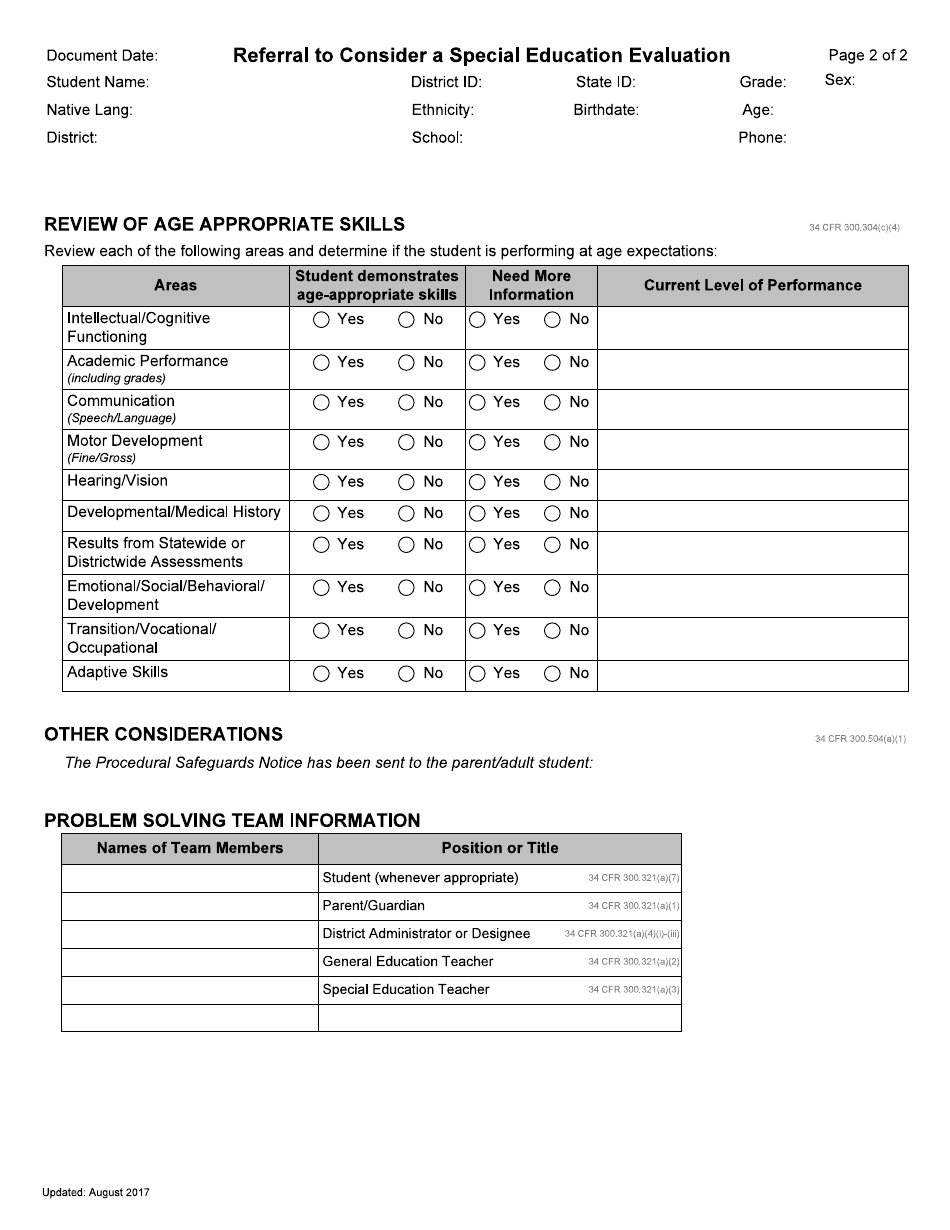 Referral to Consider a Special Education Evaluation - Idaho, Page 2