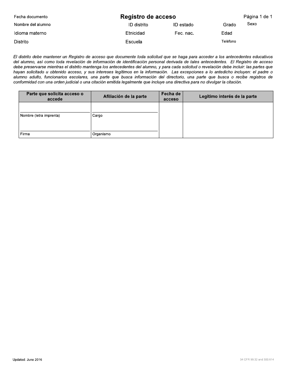 Registro De Acceso - Idaho (Spanish), Page 1