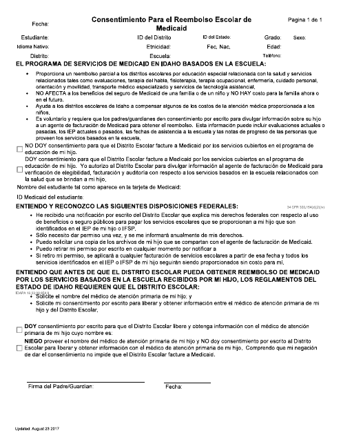 Consentimiento Para El Reembolso Escolar De Medicaid - Idaho (Spanish) Download Pdf